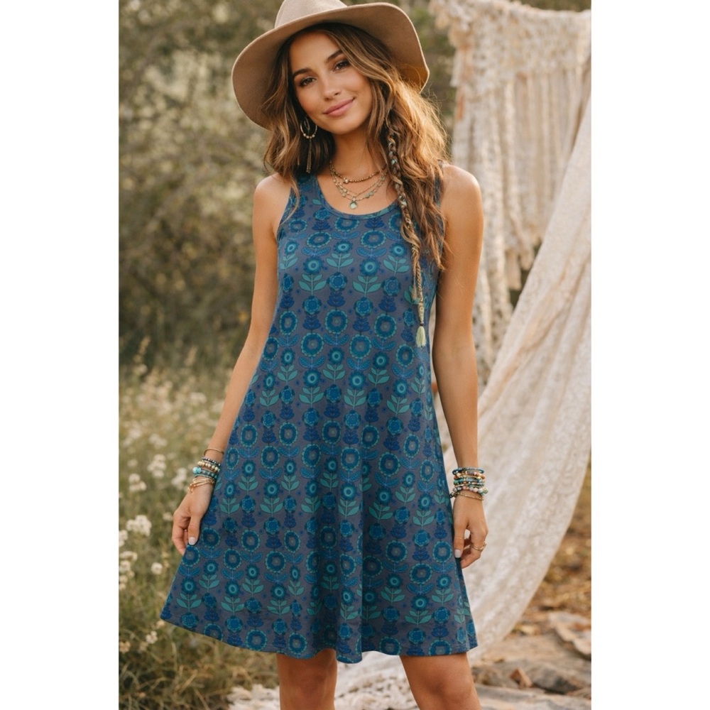 Natural Life Sleeveless Tank Shift Dress Stretch Floral Sundress Boho Sz S